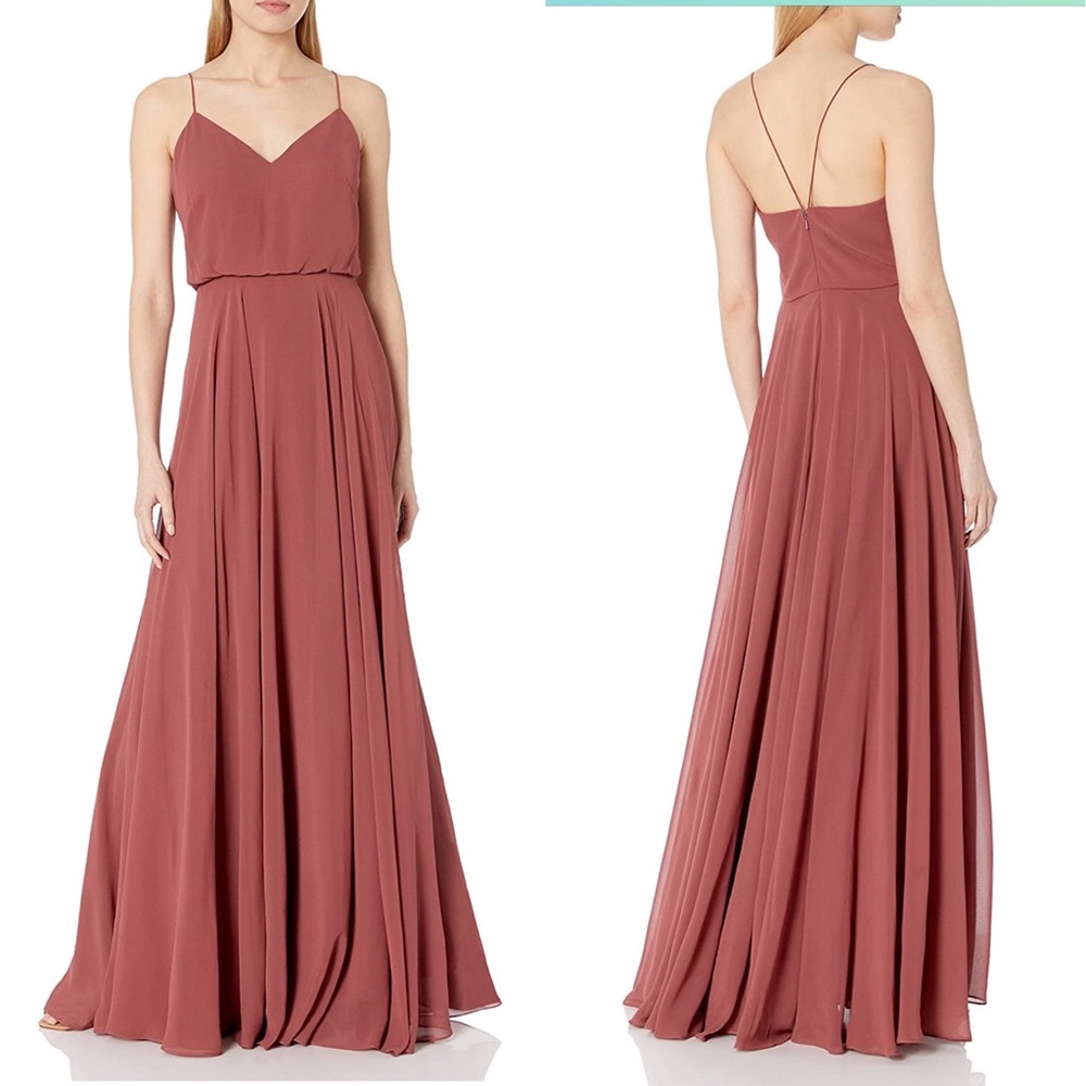 Jenny Yoo Inesse Thin Strap V Neck Long Chiffon Gown Cinnamon Rose